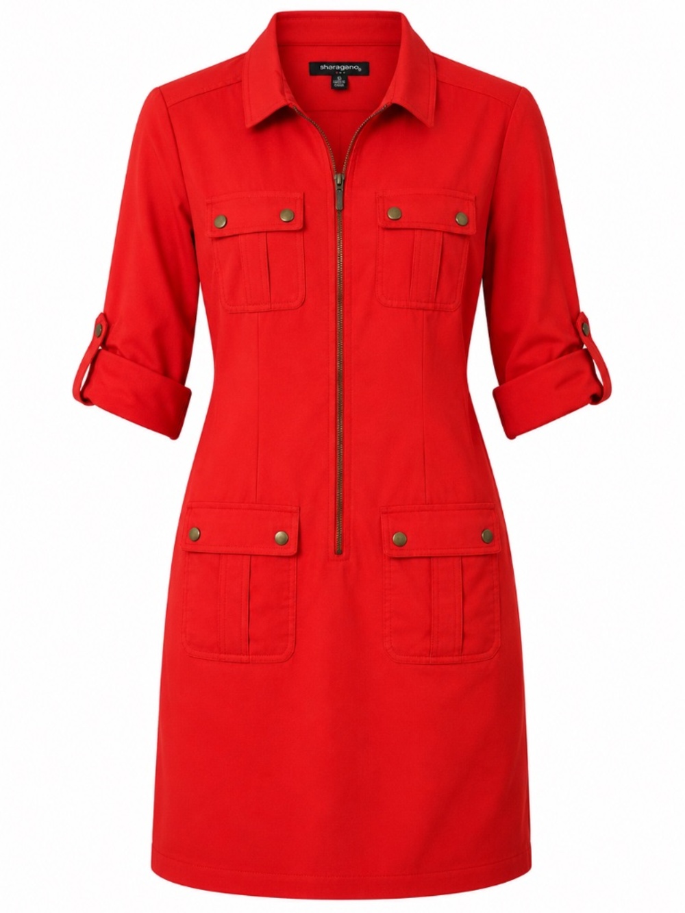 Sharagano Utility Cargo Shirt Dress Size 10 Poppy Red Zip Front Safari